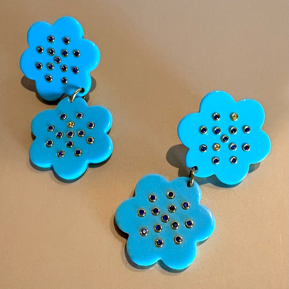 ASHA Flower Earrings in Turquoise and Dipped 14K Gold, EUC. - Picture 8 of 9